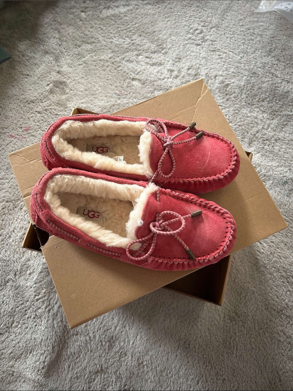 UGG Kids Pink Suede Moccasin Slippers with Shearling